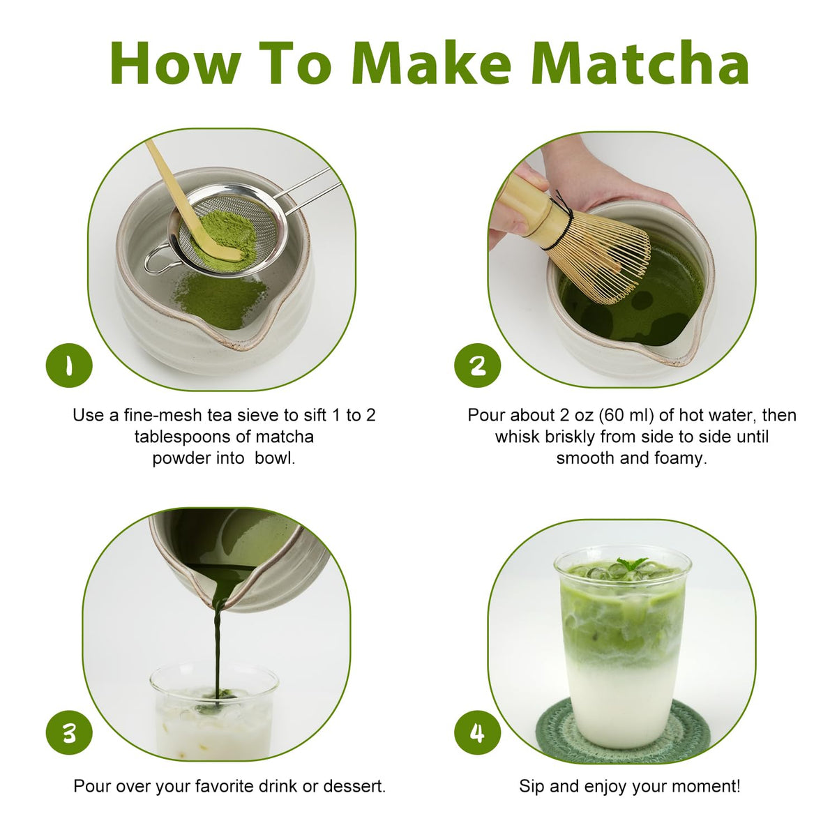Matcha Whisk Set, 7 Pcs Ceramic Matcha Kit, Include Matcha Bowl, Bamboo Whisk (Chasen), Scoop (Chashaku), Stainless Steel Sifter, Whisk Stand, Scoop Rest, Tea Towel, Matcha Set for Matcha Lovers