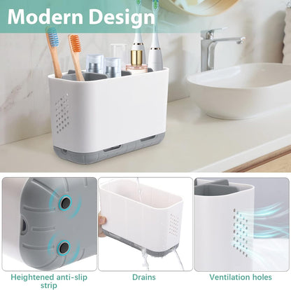 Toothbrush and Toothpaste Holder Drainage for Bathroom Countertop with Adjustable Dividers, Large Toothpaste Caddy Organizer Storage Rustic Decor Set Anti-Slip for Shower,Family,Kids Gray