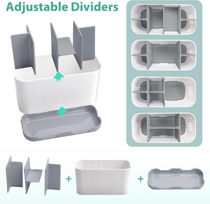 Toothbrush and Toothpaste Holder Drainage for Bathroom Countertop with Adjustable Dividers, Large Toothpaste Caddy Organizer Storage Rustic Decor Set Anti-Slip for Shower,Family,Kids Gray