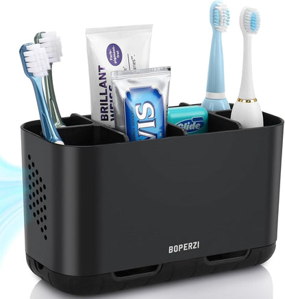 Toothbrush and Toothpaste Holder Drainage for Bathroom Countertop with Adjustable Dividers, Large Toothpaste Caddy Organizer Storage Rustic Decor Set Anti-Slip for Shower,Family,Kids Gray