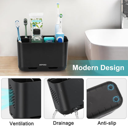 Toothbrush and Toothpaste Holder Drainage for Bathroom Countertop with Adjustable Dividers, Large Toothpaste Caddy Organizer Storage Rustic Decor Set Anti-Slip for Shower,Family,Kids Gray