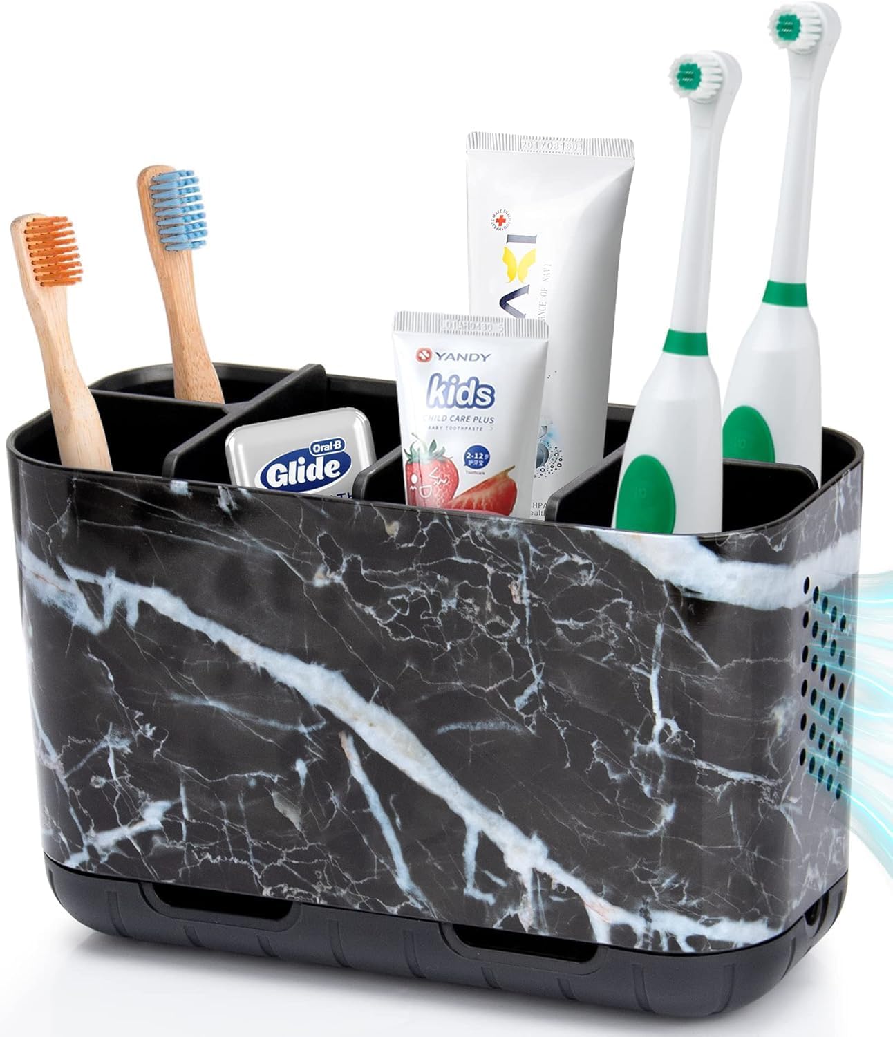 Toothbrush and Toothpaste Holder Drainage for Bathroom Countertop with Adjustable Dividers, Large Toothpaste Caddy Organizer Storage Rustic Decor Set Anti-Slip for Shower,Family,Kids Gray