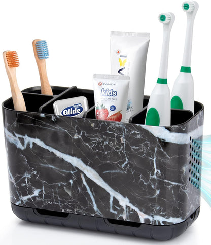 Toothbrush and Toothpaste Holder Drainage for Bathroom Countertop with Adjustable Dividers, Large Toothpaste Caddy Organizer Storage Rustic Decor Set Anti-Slip for Shower,Family,Kids Gray
