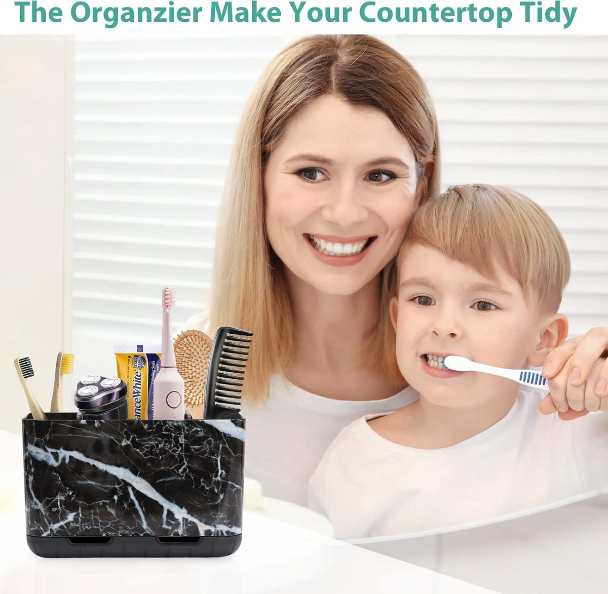 Toothbrush and Toothpaste Holder Drainage for Bathroom Countertop with Adjustable Dividers, Large Toothpaste Caddy Organizer Storage Rustic Decor Set Anti-Slip for Shower,Family,Kids Gray