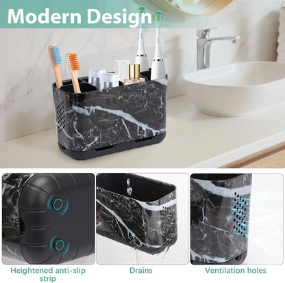 Toothbrush and Toothpaste Holder Drainage for Bathroom Countertop with Adjustable Dividers, Large Toothpaste Caddy Organizer Storage Rustic Decor Set Anti-Slip for Shower,Family,Kids Gray