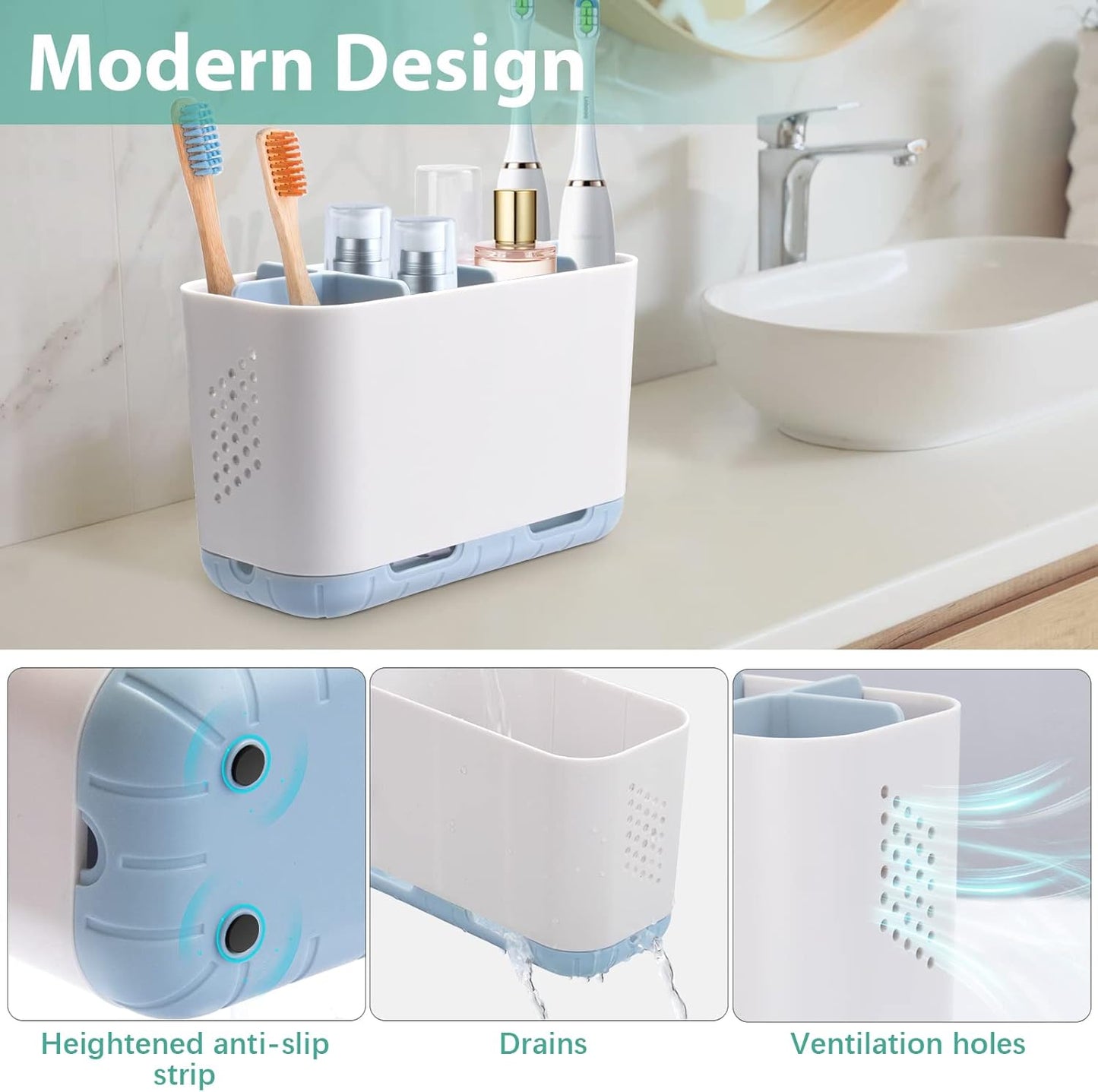 Toothbrush and Toothpaste Holder Drainage for Bathroom Countertop with Adjustable Dividers, Large Toothpaste Caddy Organizer Storage Rustic Decor Set Anti-Slip for Shower,Family,Kids Gray