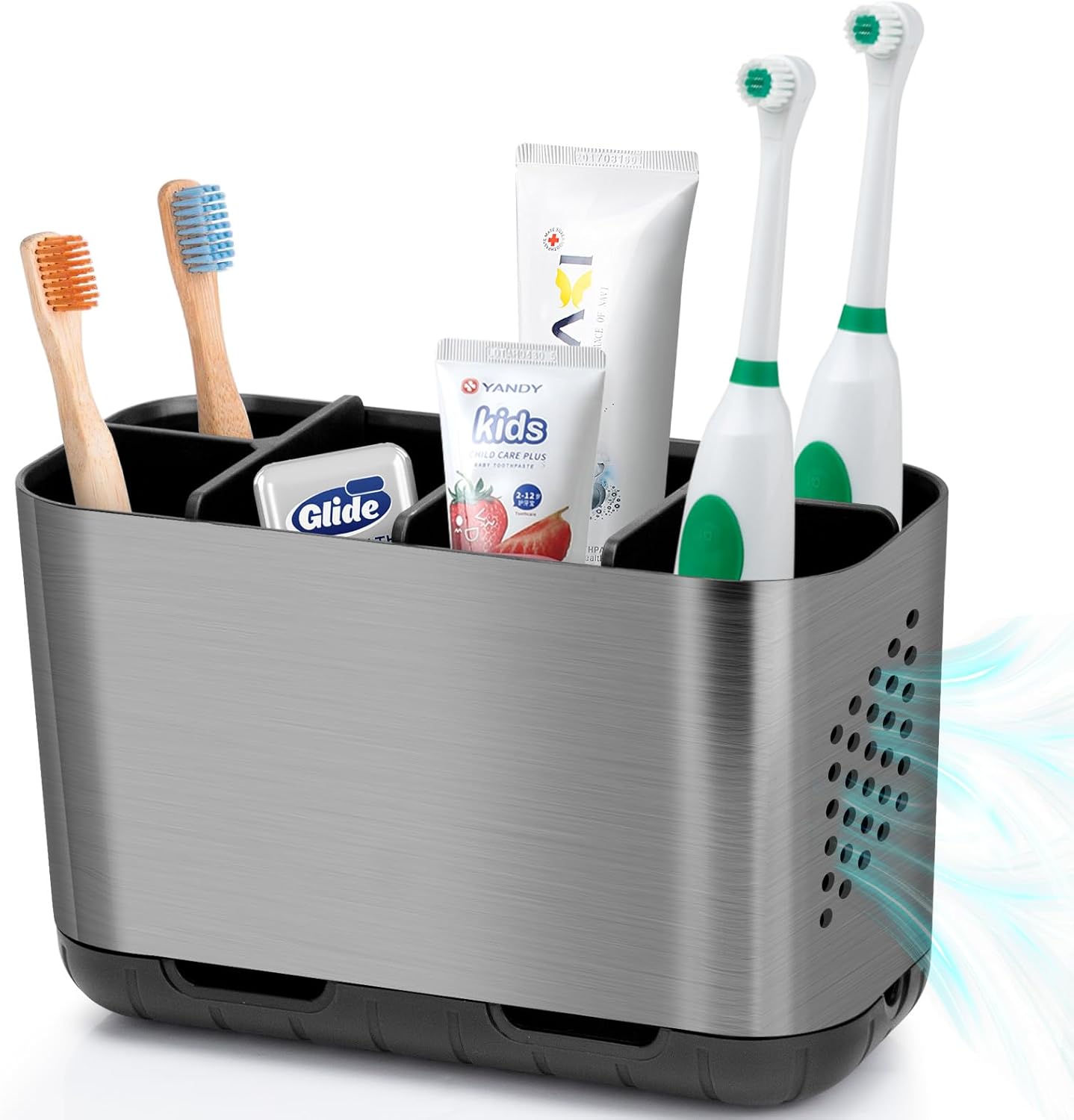 Toothbrush and Toothpaste Holder Drainage for Bathroom Countertop with Adjustable Dividers, Large Toothpaste Caddy Organizer Storage Rustic Decor Set Anti-Slip for Shower,Family,Kids Gray