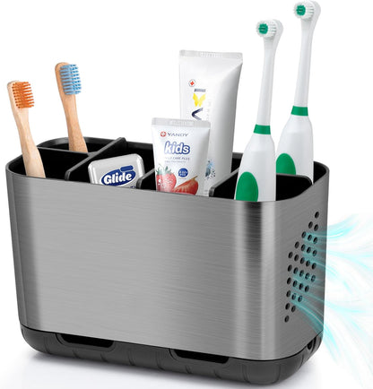 Toothbrush and Toothpaste Holder Drainage for Bathroom Countertop with Adjustable Dividers, Large Toothpaste Caddy Organizer Storage Rustic Decor Set Anti-Slip for Shower,Family,Kids Gray