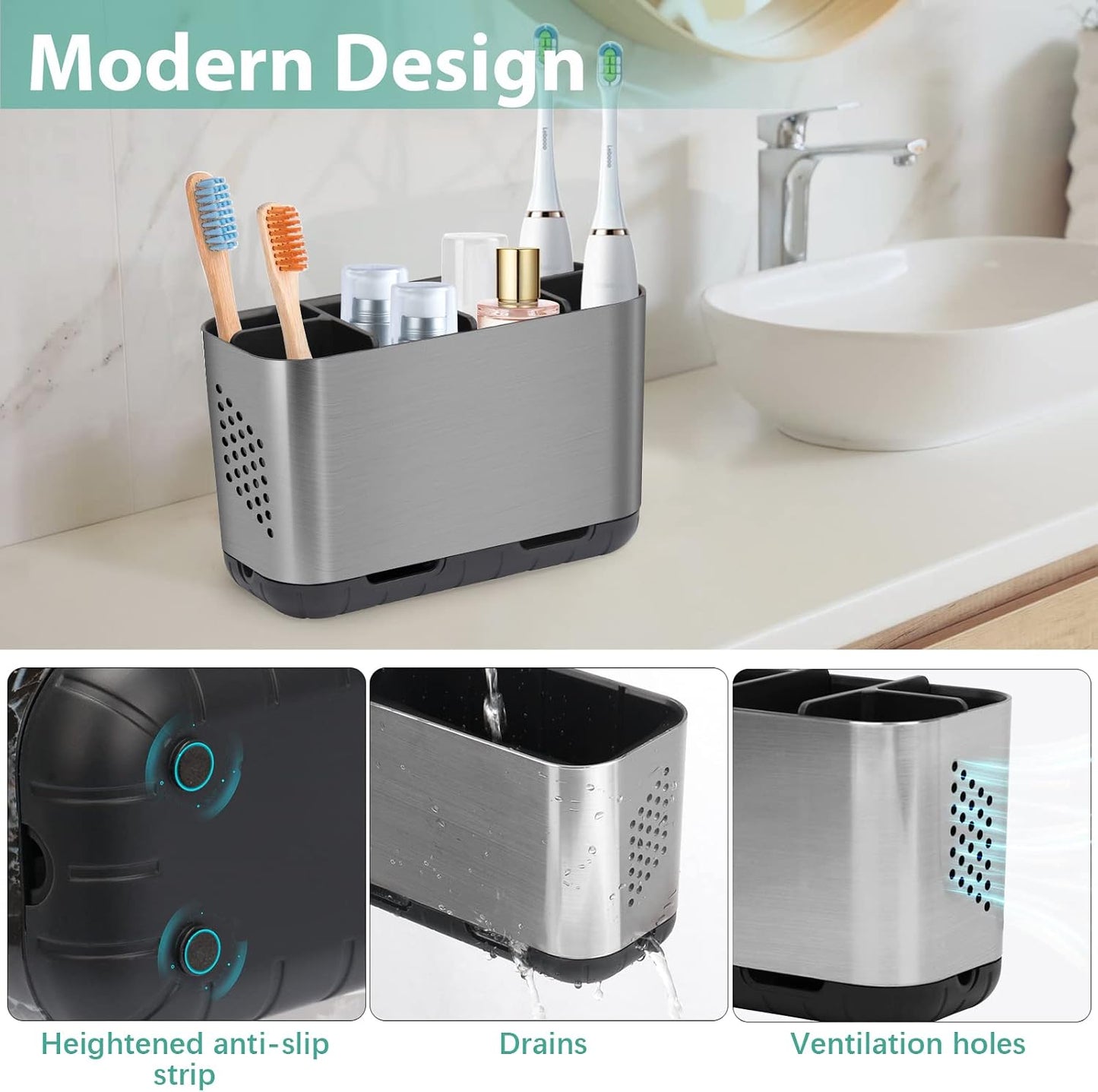 Toothbrush and Toothpaste Holder Drainage for Bathroom Countertop with Adjustable Dividers, Large Toothpaste Caddy Organizer Storage Rustic Decor Set Anti-Slip for Shower,Family,Kids Gray