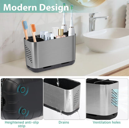 Toothbrush and Toothpaste Holder Drainage for Bathroom Countertop with Adjustable Dividers, Large Toothpaste Caddy Organizer Storage Rustic Decor Set Anti-Slip for Shower,Family,Kids Gray