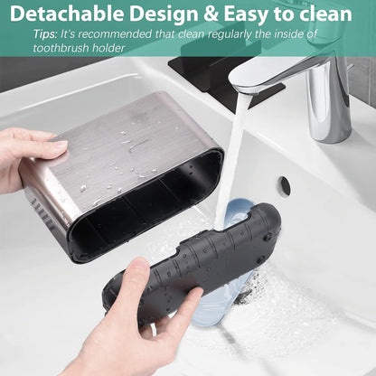 Toothbrush and Toothpaste Holder Drainage for Bathroom Countertop with Adjustable Dividers, Large Toothpaste Caddy Organizer Storage Rustic Decor Set Anti-Slip for Shower,Family,Kids Gray
