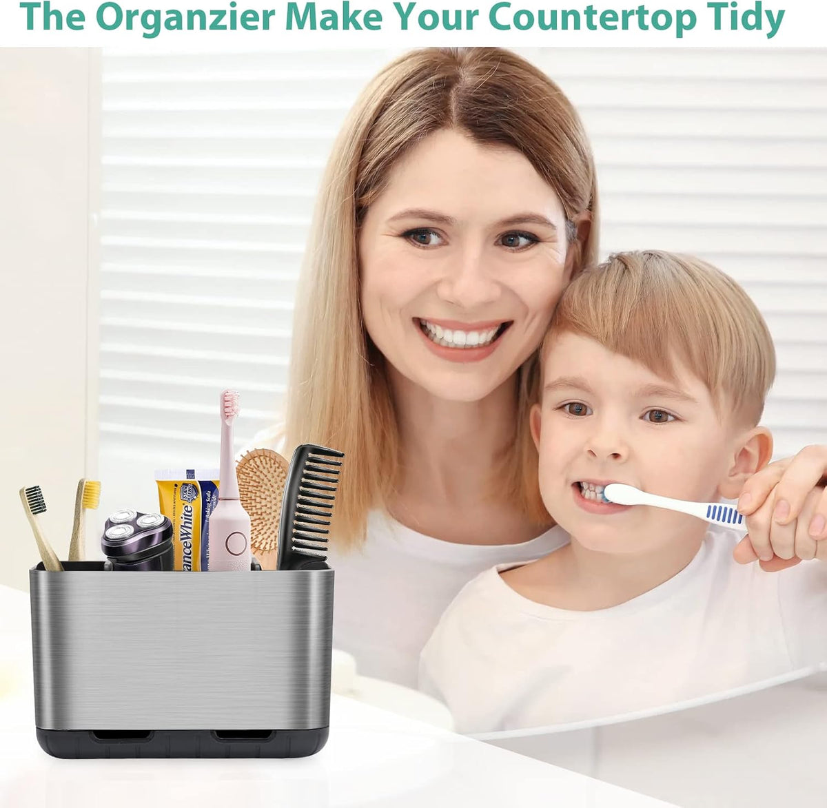 Toothbrush and Toothpaste Holder Drainage for Bathroom Countertop with Adjustable Dividers, Large Toothpaste Caddy Organizer Storage Rustic Decor Set Anti-Slip for Shower,Family,Kids Gray