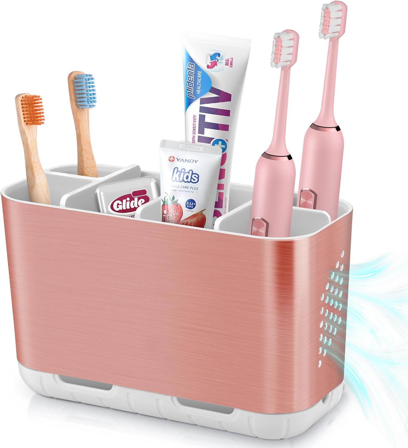 Toothbrush and Toothpaste Holder Drainage for Bathroom Countertop with Adjustable Dividers, Large Toothpaste Caddy Organizer Storage Rustic Decor Set Anti-Slip for Shower,Family,Kids Gray