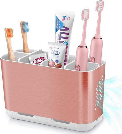 Toothbrush and Toothpaste Holder Drainage for Bathroom Countertop with Adjustable Dividers, Large Toothpaste Caddy Organizer Storage Rustic Decor Set Anti-Slip for Shower,Family,Kids Gray