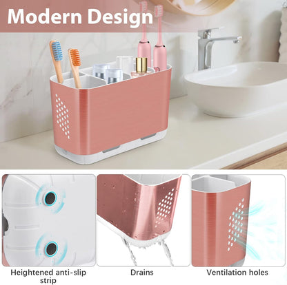 Toothbrush and Toothpaste Holder Drainage for Bathroom Countertop with Adjustable Dividers, Large Toothpaste Caddy Organizer Storage Rustic Decor Set Anti-Slip for Shower,Family,Kids Gray