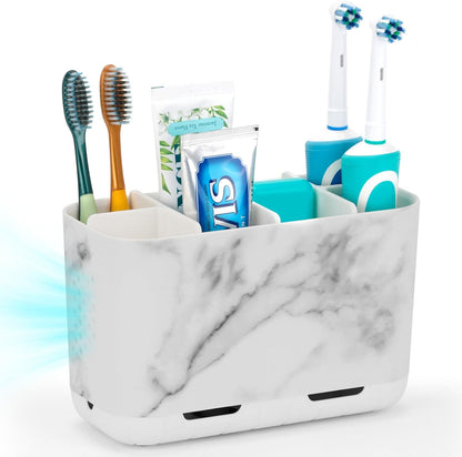 Toothbrush and Toothpaste Holder Drainage for Bathroom Countertop with Adjustable Dividers, Large Toothpaste Caddy Organizer Storage Rustic Decor Set Anti-Slip for Shower,Family,Kids Gray