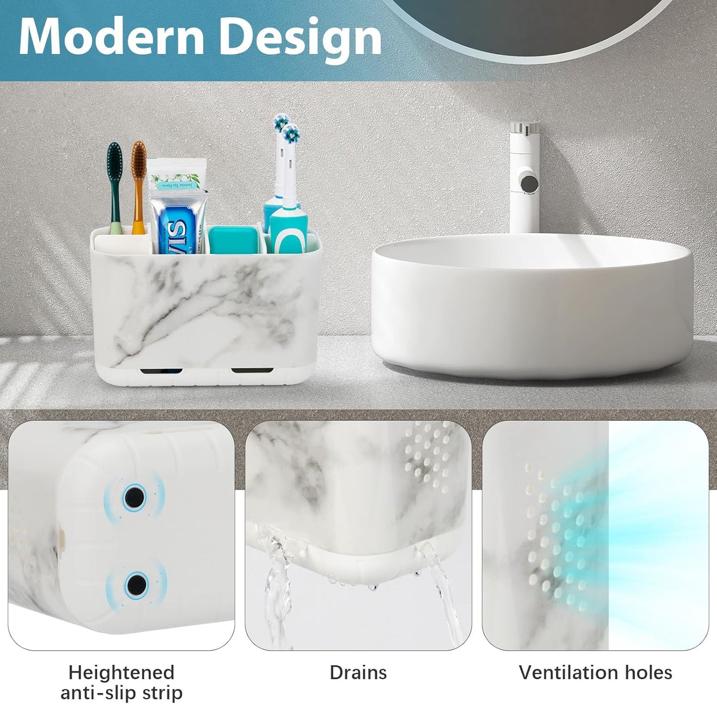 Toothbrush and Toothpaste Holder Drainage for Bathroom Countertop with Adjustable Dividers, Large Toothpaste Caddy Organizer Storage Rustic Decor Set Anti-Slip for Shower,Family,Kids Gray