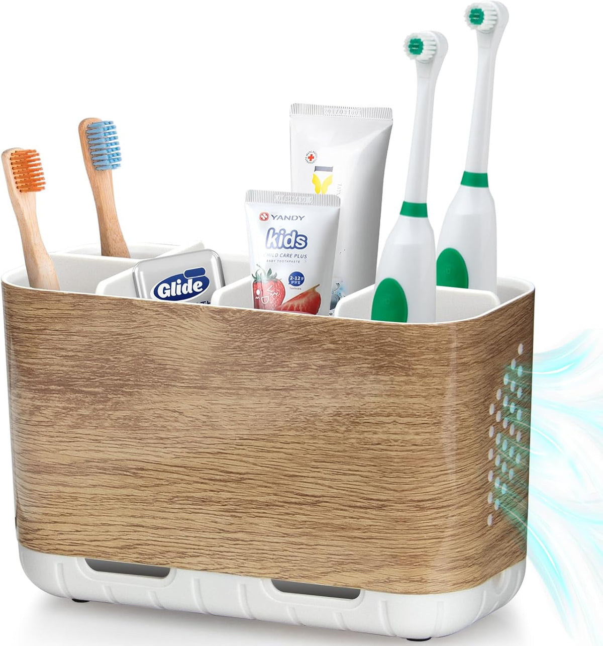 Toothbrush and Toothpaste Holder Drainage for Bathroom Countertop with Adjustable Dividers, Large Toothpaste Caddy Organizer Storage Rustic Decor Set Anti-Slip for Shower,Family,Kids Gray
