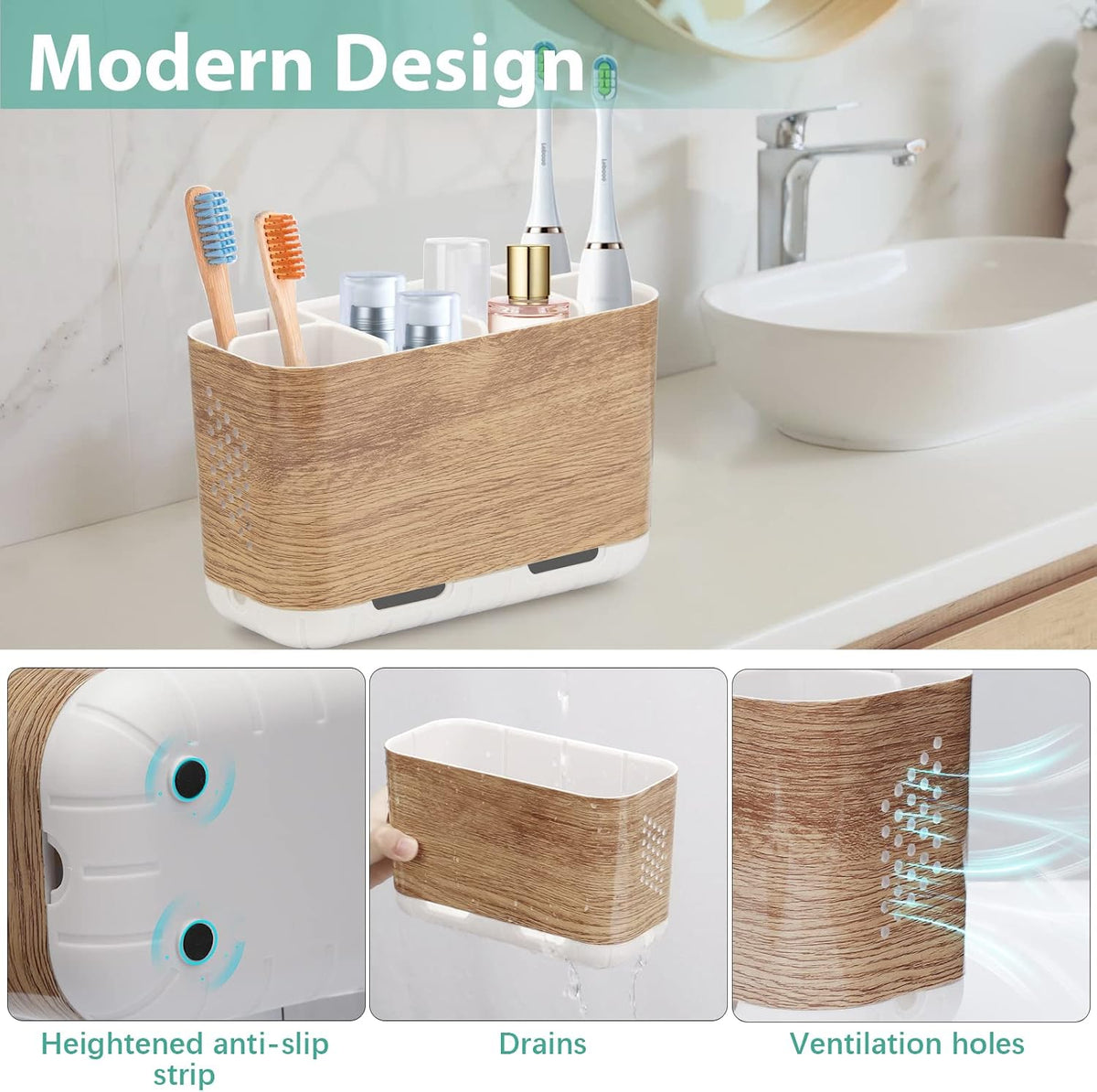 Toothbrush and Toothpaste Holder Drainage for Bathroom Countertop with Adjustable Dividers, Large Toothpaste Caddy Organizer Storage Rustic Decor Set Anti-Slip for Shower,Family,Kids Gray