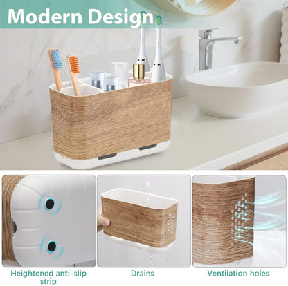 Toothbrush and Toothpaste Holder Drainage for Bathroom Countertop with Adjustable Dividers, Large Toothpaste Caddy Organizer Storage Rustic Decor Set Anti-Slip for Shower,Family,Kids Gray