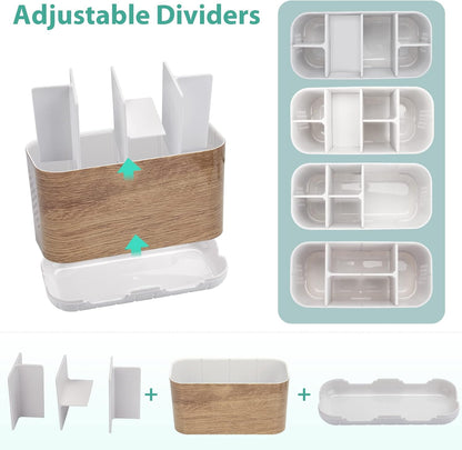 Toothbrush and Toothpaste Holder Drainage for Bathroom Countertop with Adjustable Dividers, Large Toothpaste Caddy Organizer Storage Rustic Decor Set Anti-Slip for Shower,Family,Kids Gray