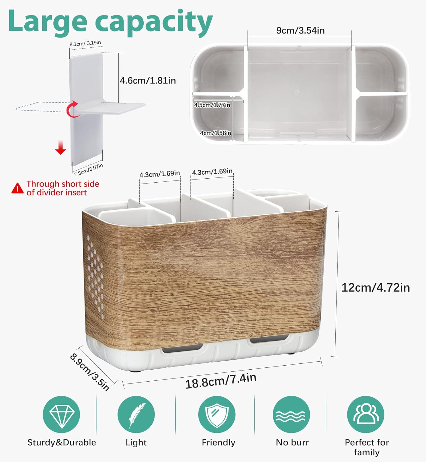 Toothbrush and Toothpaste Holder Drainage for Bathroom Countertop with Adjustable Dividers, Large Toothpaste Caddy Organizer Storage Rustic Decor Set Anti-Slip for Shower,Family,Kids Gray