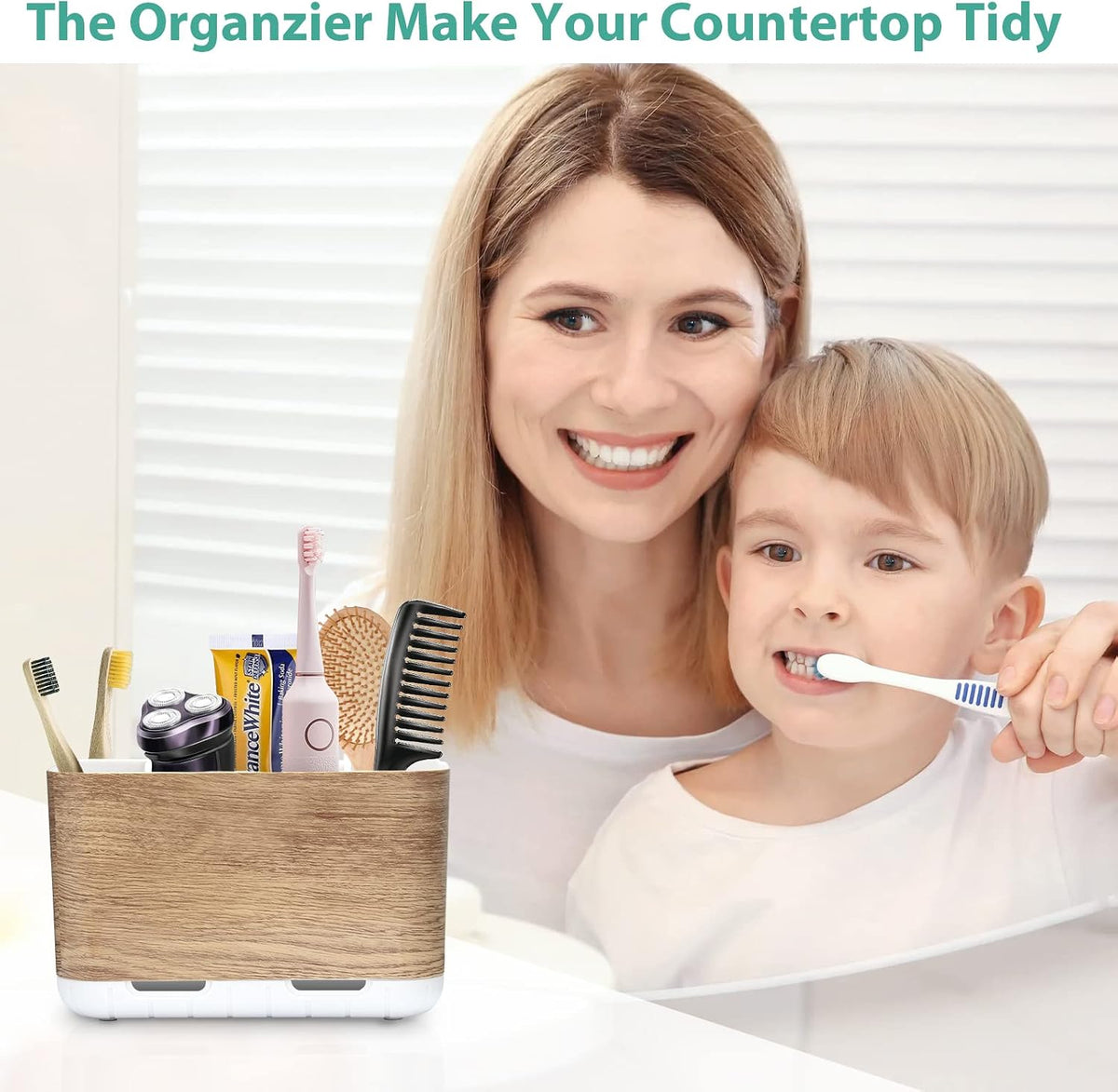 Toothbrush and Toothpaste Holder Drainage for Bathroom Countertop with Adjustable Dividers, Large Toothpaste Caddy Organizer Storage Rustic Decor Set Anti-Slip for Shower,Family,Kids Gray