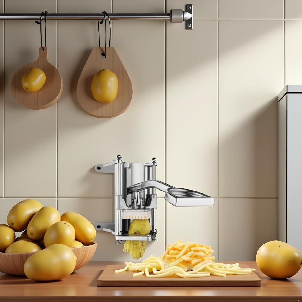 French Fry Cutter, Wall Mount or Fixed Counter | Stainless steel food slicer with 1/2in, 1/4in and 3/8in blades, heavy duty, for fries and vegetable
