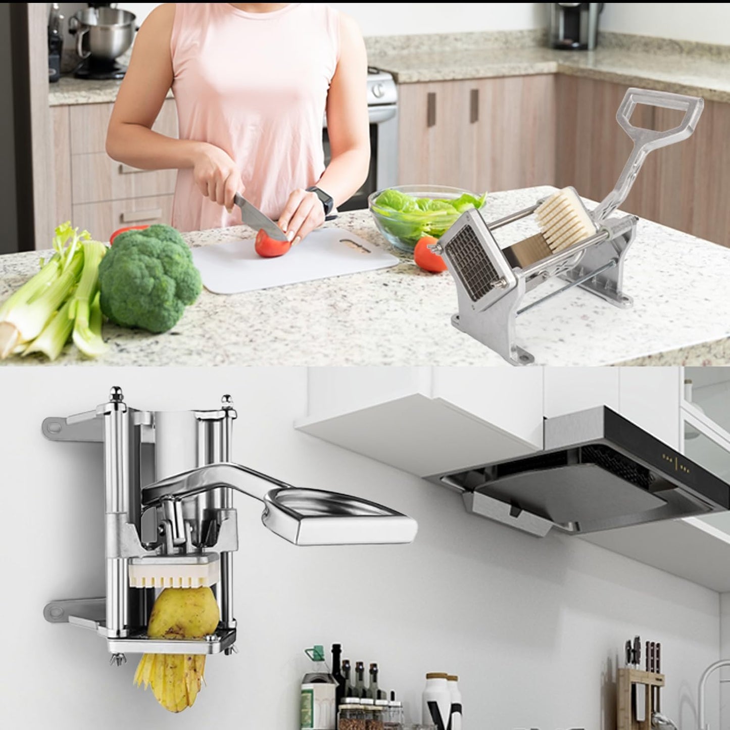 French Fry Cutter, Wall Mount or Fixed Counter | Stainless steel food slicer with 1/2in, 1/4in and 3/8in blades, heavy duty, for fries and vegetable