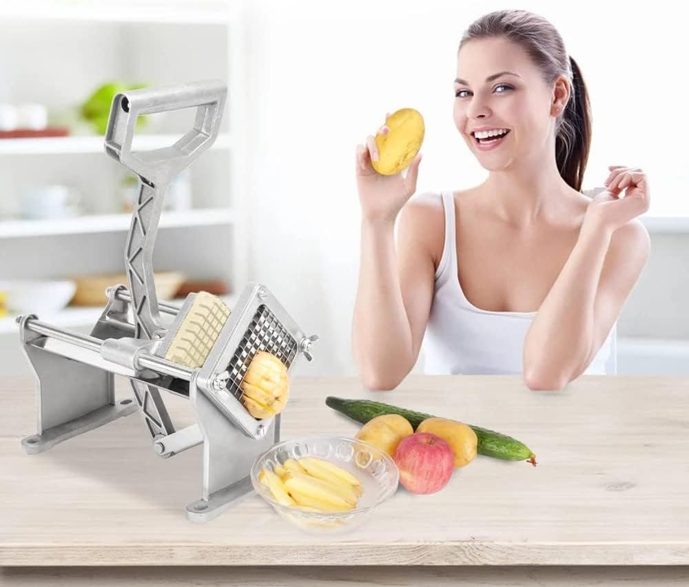 French Fry Cutter, Wall Mount or Fixed Counter | Stainless steel food slicer with 1/2in, 1/4in and 3/8in blades, heavy duty, for fries and vegetable