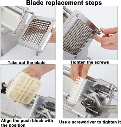 French Fry Cutter, Wall Mount or Fixed Counter | Stainless steel food slicer with 1/2in, 1/4in and 3/8in blades, heavy duty, for fries and vegetable