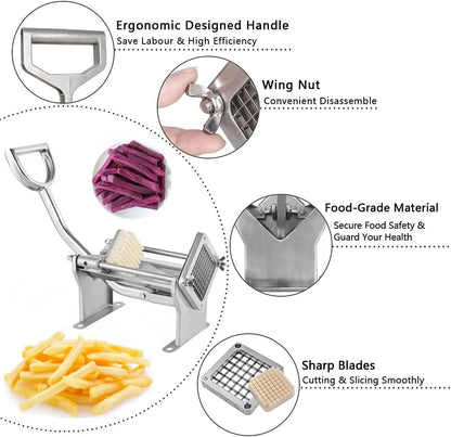 French Fry Cutter, Wall Mount or Fixed Counter | Stainless steel food slicer with 1/2in, 1/4in and 3/8in blades, heavy duty, for fries and vegetable