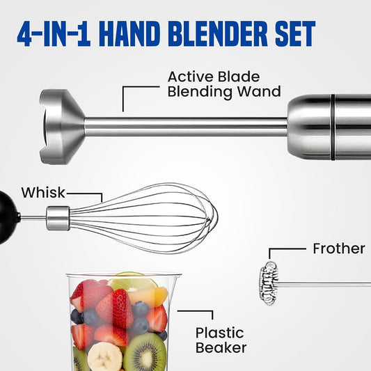 4-in-1 Immersion Hand Blender Set - 800W Powerful Stainless Steel Stick Blender with Whisk, Chopper and Beaker - 8-Speed Handheld Blender for Smoothies, Soup, Baby Food and Puree