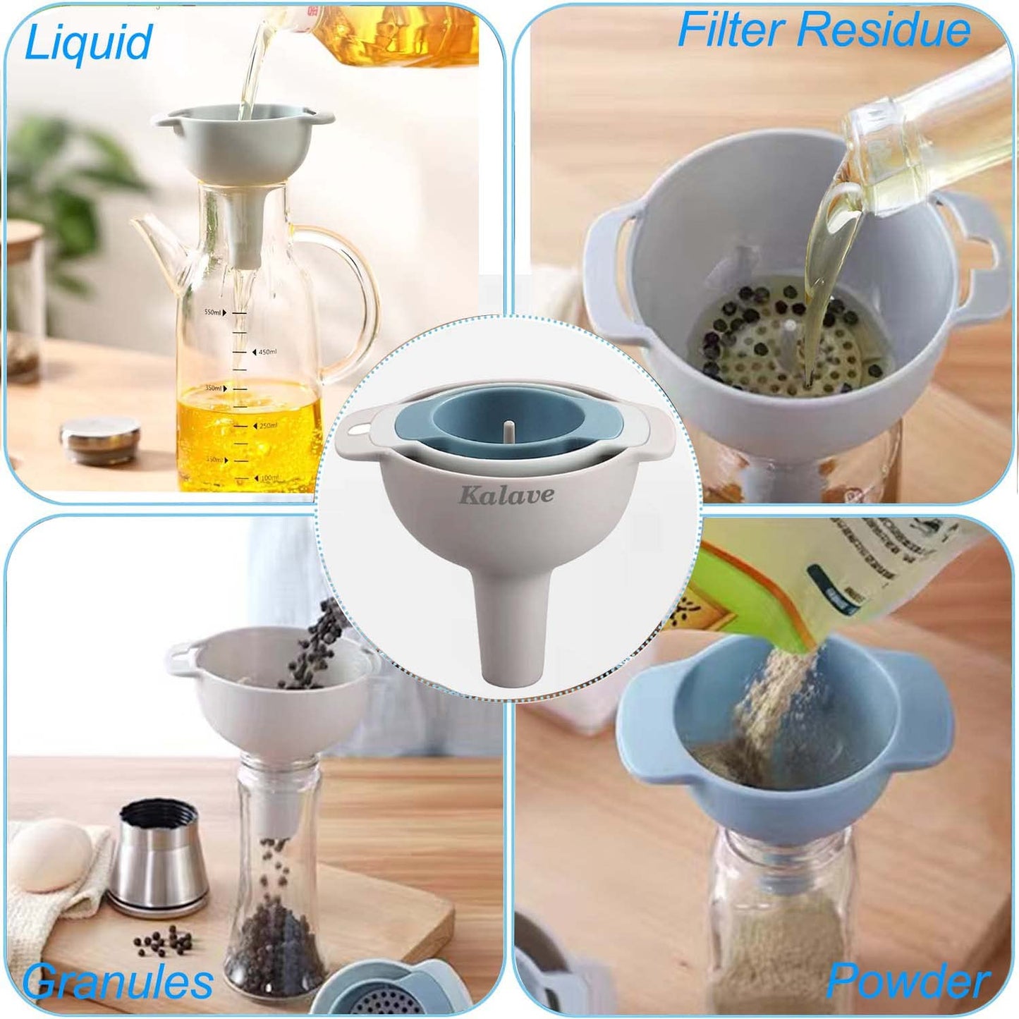 Set of 4 Funnels for Filling Bottles, BPA-Free Food Grade Kitchen Funnels with Detachable Strainer Filter for Kitchen Use Oil, Liquid, Dry Ingredients and Powder