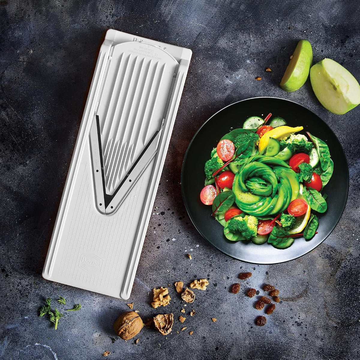 Mandoline Slicer V3 (Starter Set) • V-Slicer for 5 Cutting Styles with Fruit Holder • Adjustable Vegetable Slicer for Vegetables & Fruits • Stainless Steel V-Blade • Color: White