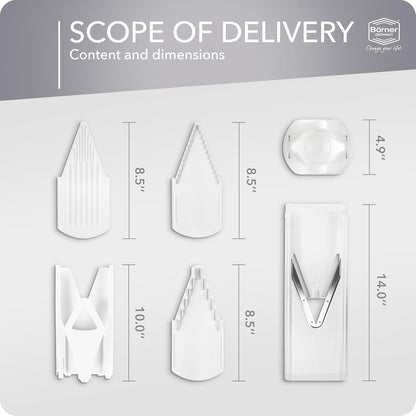 Mandoline Slicer V3 (Starter Set) • V-Slicer for 5 Cutting Styles with Fruit Holder • Adjustable Vegetable Slicer for Vegetables & Fruits • Stainless Steel V-Blade • Color: White