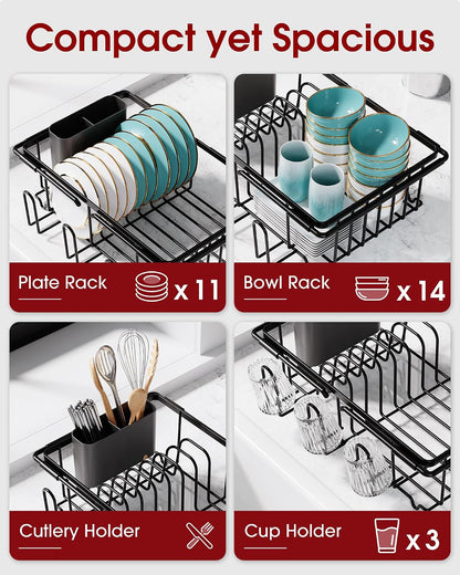 Dish Drying Rack in Sink - Expandable Stainless Steel Dish Rack Over the Sink, Kitchen Sink Drain Strainer with Cutlery Holder & Cup Holders, 15.4 x 9.8 x 3.0 Inch, Silver