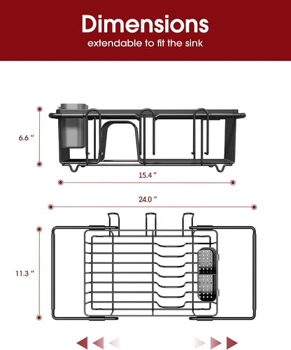 Dish Drying Rack in Sink - Expandable Stainless Steel Dish Rack Over the Sink, Kitchen Sink Drain Strainer with Cutlery Holder & Cup Holders, 15.4 x 9.8 x 3.0 Inch, Silver