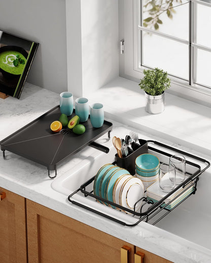 Dish Drying Rack in Sink - Expandable Stainless Steel Dish Rack Over the Sink, Kitchen Sink Drain Strainer with Cutlery Holder & Cup Holders, 15.4 x 9.8 x 3.0 Inch, Silver