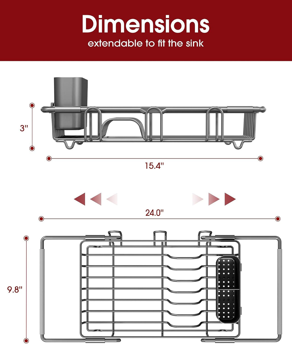 Dish Drying Rack in Sink - Expandable Stainless Steel Dish Rack Over the Sink, Kitchen Sink Drain Strainer with Cutlery Holder & Cup Holders, 15.4 x 9.8 x 3.0 Inch, Silver