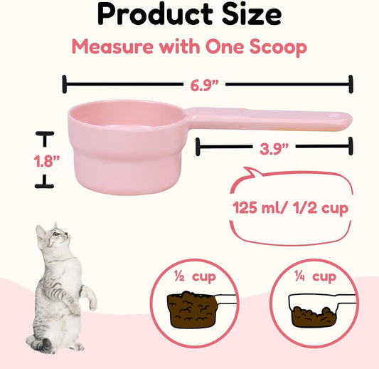 1/2 Cup Dog Food Scoop, Extra Long Handle Sturdy Melamine Pet Food Measuring Scoop with Clear Marking Lines, BPA-Free, Shatterproof, Dishwasher Safe (Pink, 1/2 Cup)