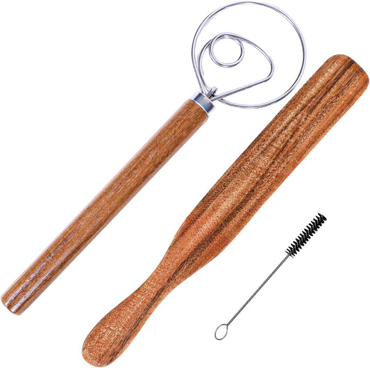 Dutch Dough Whisk & Teak Spurtle Set; Premium Stainless Steel Sourdough Whisk, Wooden Starter Jar Spatula; Sourdough Bread Baking Supplies for Home Bakers; BPA-Free, Bread Making Tools