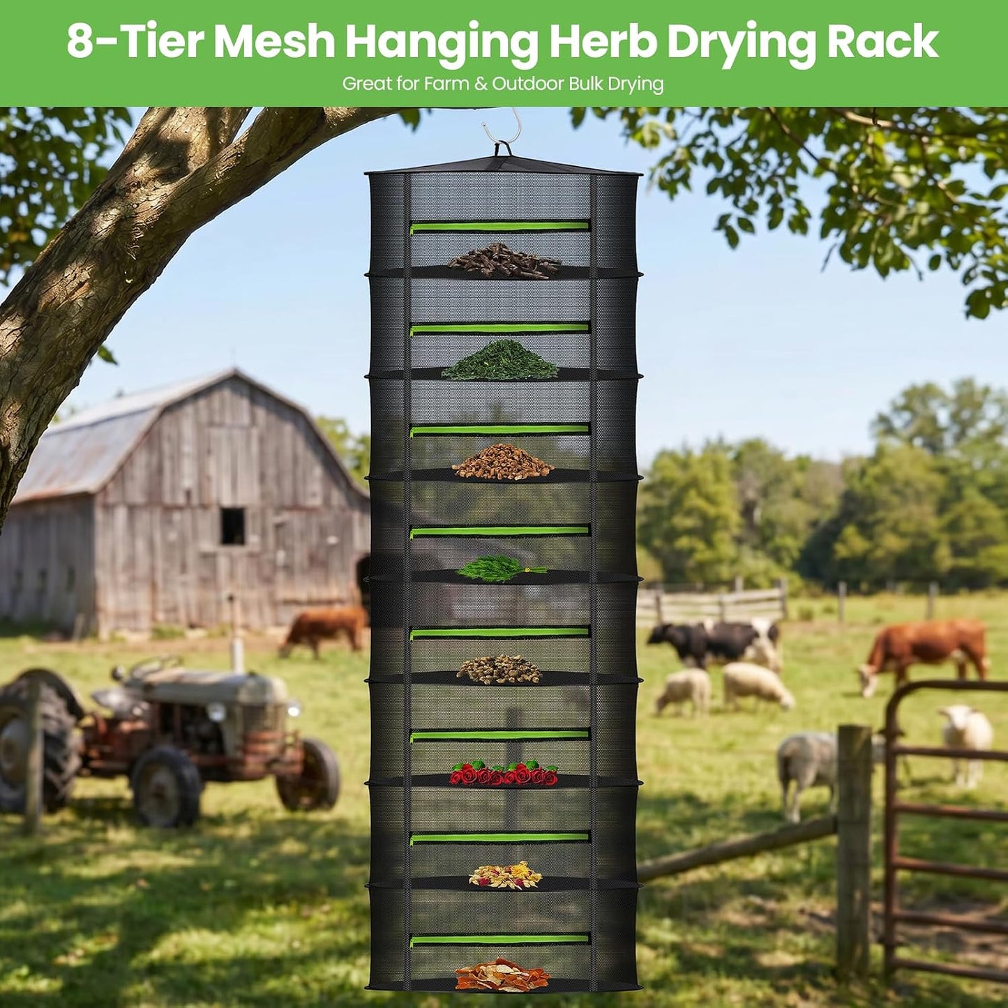 MEKOLIFE 8-Layer Herb Drying Rack Hanging, Large Capacity Mesh Net | 23.62 Inch with Zipper, S-Hooks and Bonus Garden Pruning Shears, for Herbs, Flowers, Plants, Indoor and Outdoor Use
