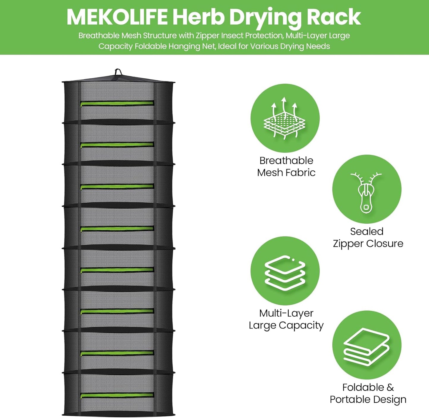 MEKOLIFE 8-Layer Herb Drying Rack Hanging, Large Capacity Mesh Net | 23.62 Inch with Zipper, S-Hooks and Bonus Garden Pruning Shears, for Herbs, Flowers, Plants, Indoor and Outdoor Use