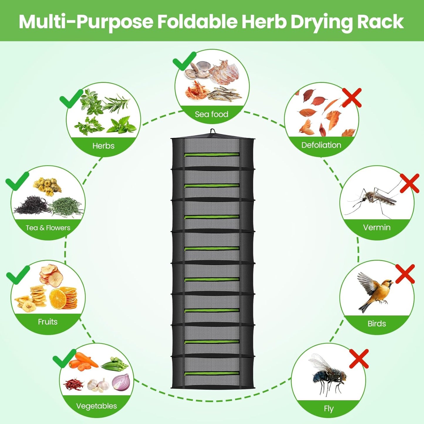 MEKOLIFE 8-Layer Herb Drying Rack Hanging, Large Capacity Mesh Net | 23.62 Inch with Zipper, S-Hooks and Bonus Garden Pruning Shears, for Herbs, Flowers, Plants, Indoor and Outdoor Use