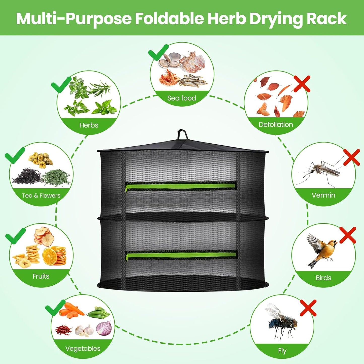 MEKOLIFE 8-Layer Herb Drying Rack Hanging, Large Capacity Mesh Net | 23.62 Inch with Zipper, S-Hooks and Bonus Garden Pruning Shears, for Herbs, Flowers, Plants, Indoor and Outdoor Use