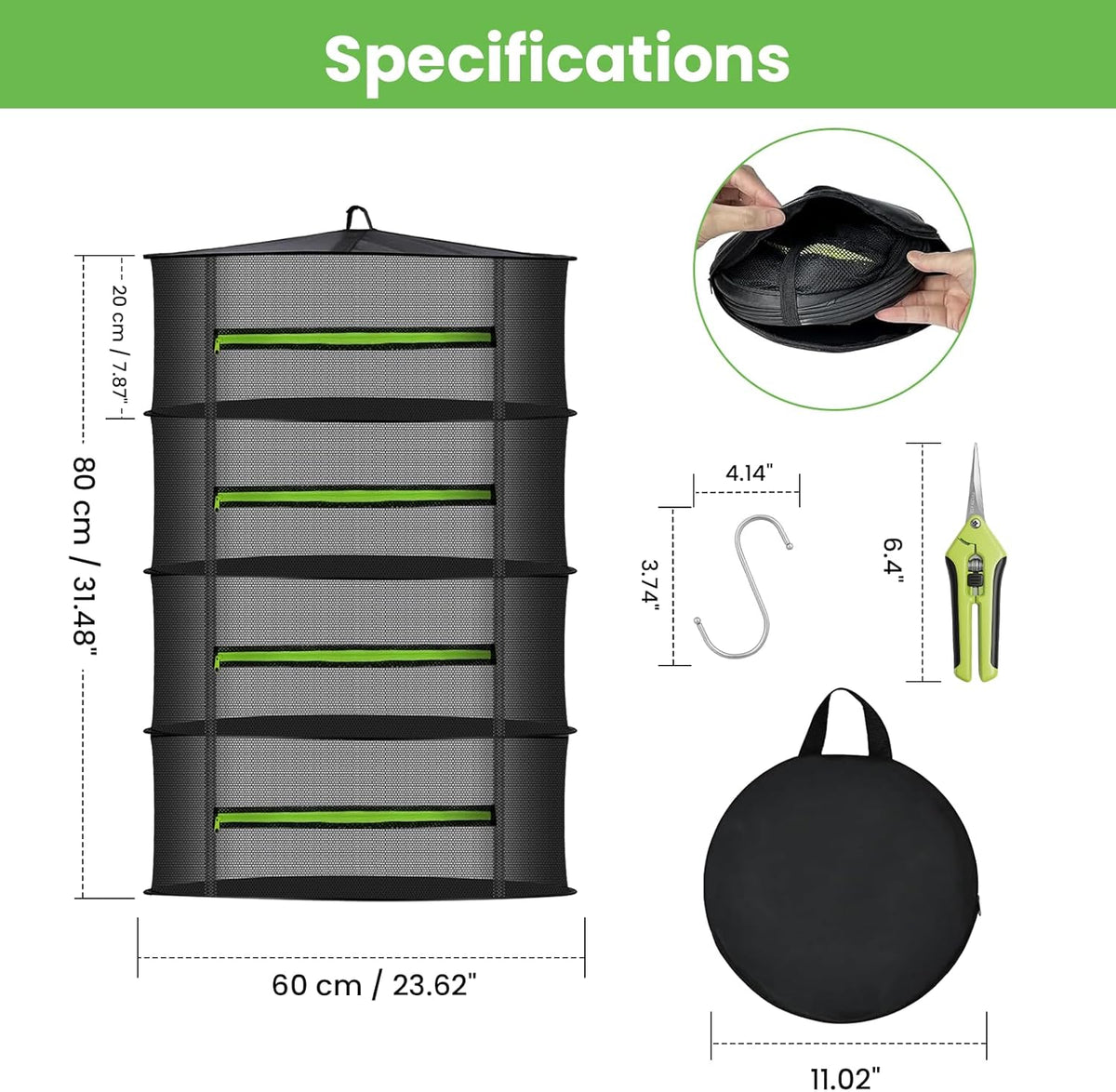 MEKOLIFE 8-Layer Herb Drying Rack Hanging, Large Capacity Mesh Net | 23.62 Inch with Zipper, S-Hooks and Bonus Garden Pruning Shears, for Herbs, Flowers, Plants, Indoor and Outdoor Use