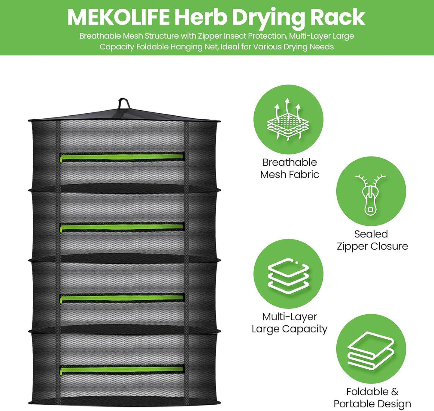 MEKOLIFE 8-Layer Herb Drying Rack Hanging, Large Capacity Mesh Net | 23.62 Inch with Zipper, S-Hooks and Bonus Garden Pruning Shears, for Herbs, Flowers, Plants, Indoor and Outdoor Use