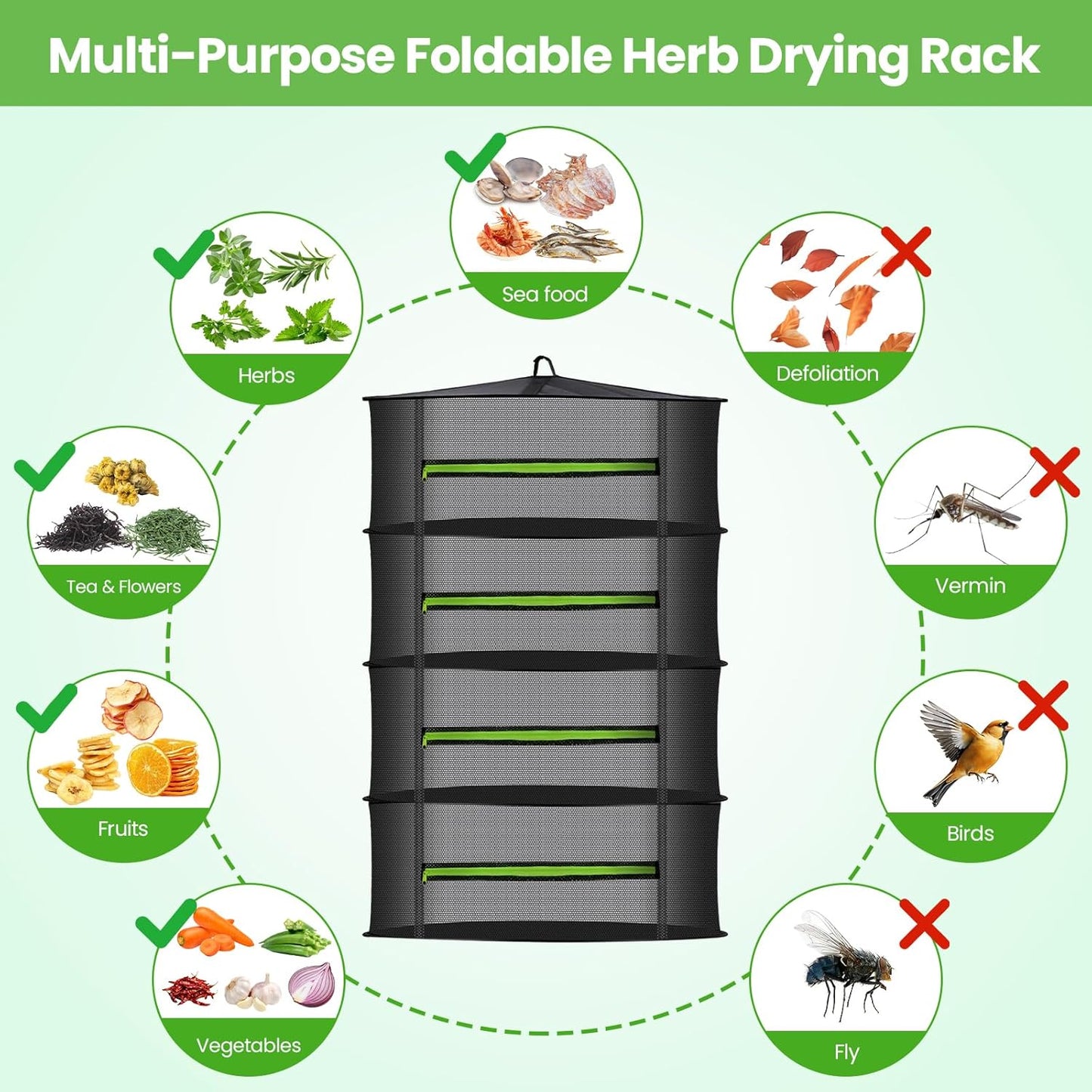 MEKOLIFE 8-Layer Herb Drying Rack Hanging, Large Capacity Mesh Net | 23.62 Inch with Zipper, S-Hooks and Bonus Garden Pruning Shears, for Herbs, Flowers, Plants, Indoor and Outdoor Use