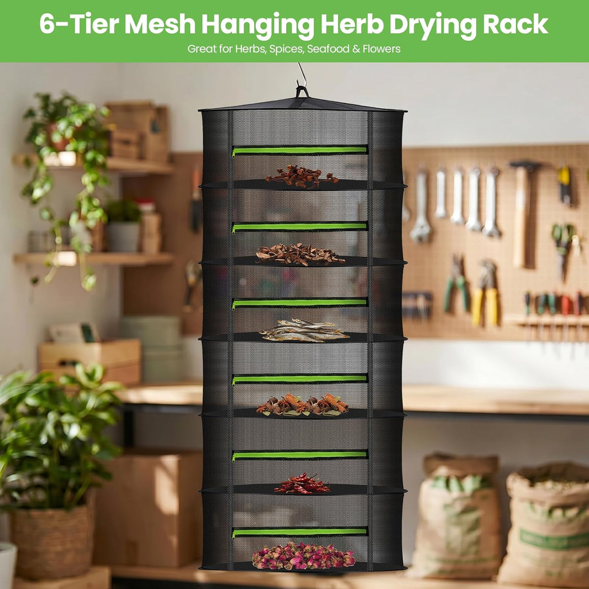 MEKOLIFE 8-Layer Herb Drying Rack Hanging, Large Capacity Mesh Net | 23.62 Inch with Zipper, S-Hooks and Bonus Garden Pruning Shears, for Herbs, Flowers, Plants, Indoor and Outdoor Use